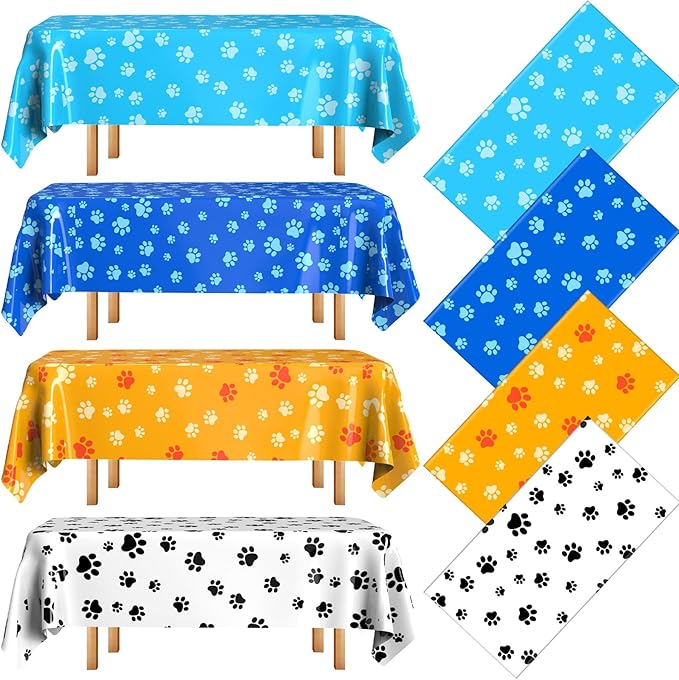 4 Pack Puppy Dog Pet Paw Print Plastic Tablecloth 54 x 108 Inches Dark Blue Orange Table Cover Paw Print Disposable Rectangle Table Cover for Pet Blue Dog Birthday Party Supplies