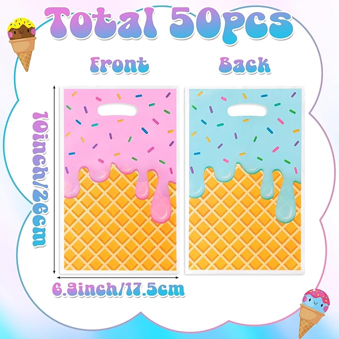 Ice Cream Party Favor Bags - 50Pcs Plastic Sweet Candy Goodie Treat Gift Bag with Handles Cute Summer Ice Cream Theme Birthday Party Supplies Baby Shower Wedding Decor
