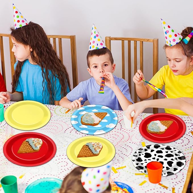 48Pcs Cartoon Story Birthday Party Paper Plates for Toy Inspire Game Story Table Supplies 7" Cow Print Sky Blue Cloud Disposable Dessert Tableware for Kids Birthday Baby Shower Party Decorations