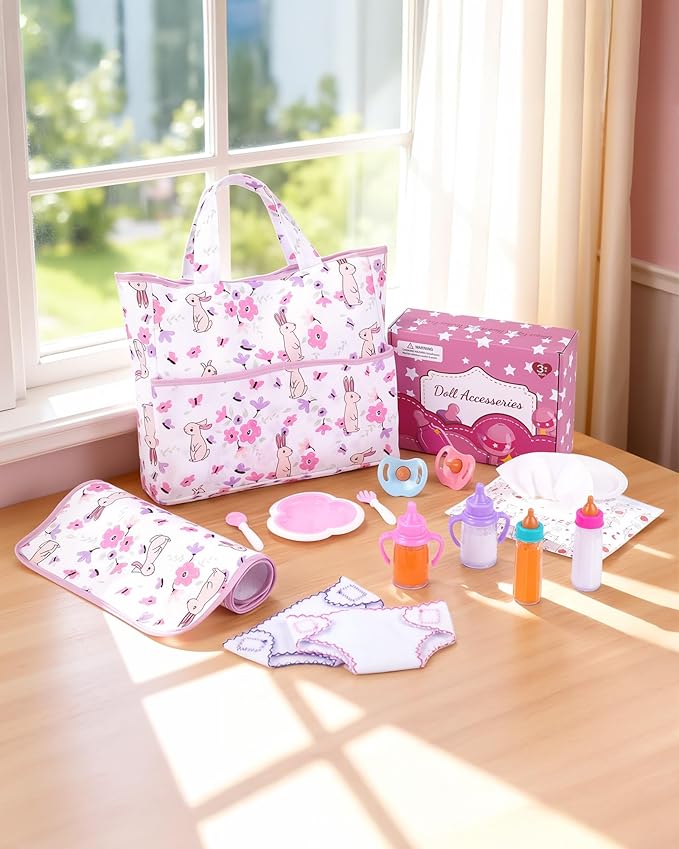 BABESIDE Baby Doll Accessories – 12 Pcs Baby Doll Diaper Bag Playset with Changing Mat & Magic Bottles, Role Play Gift for Girls 3+, Fits Dolls up to 20 Inch (Doll Not Included)