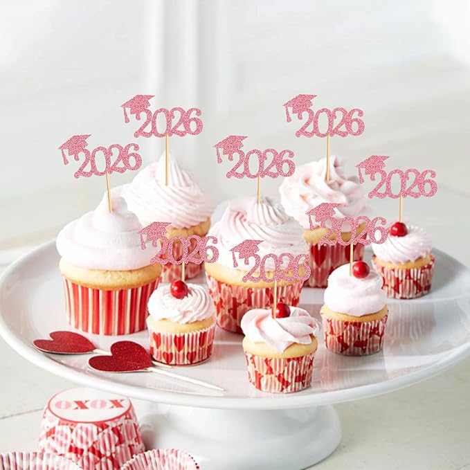 24 Pcs graduation cupcake toppers 2026, Food/Appetizer Picks For Graduation Party Mini Cake Decorations, 2026 Cupcake Toppers (Rose Red)