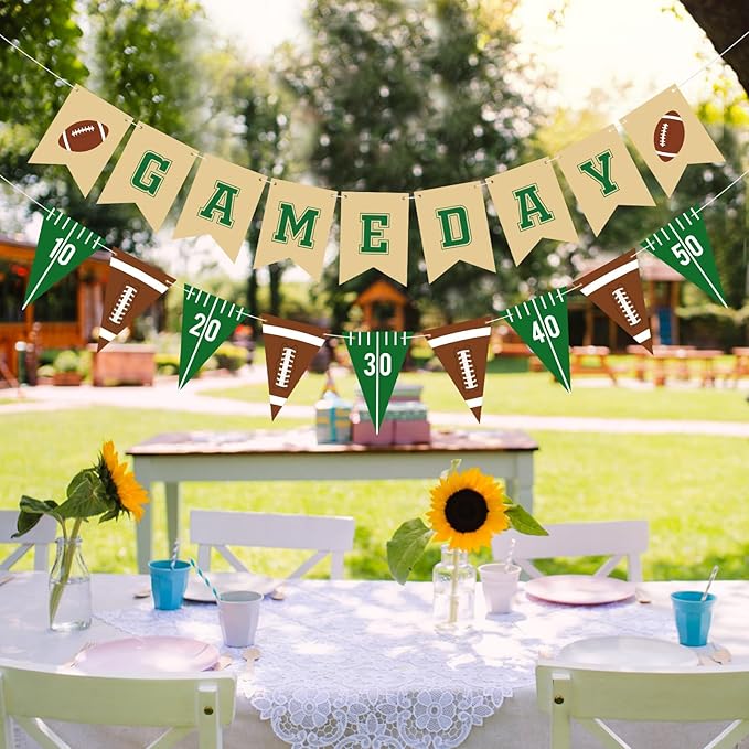 Hooqict 2 Pieces Game Day Football Banner Football Party Decorations Football Party Banner Garland with Triangle Flags Sign for Sports Birthday Party Decorations Tailgate Party Supplies
