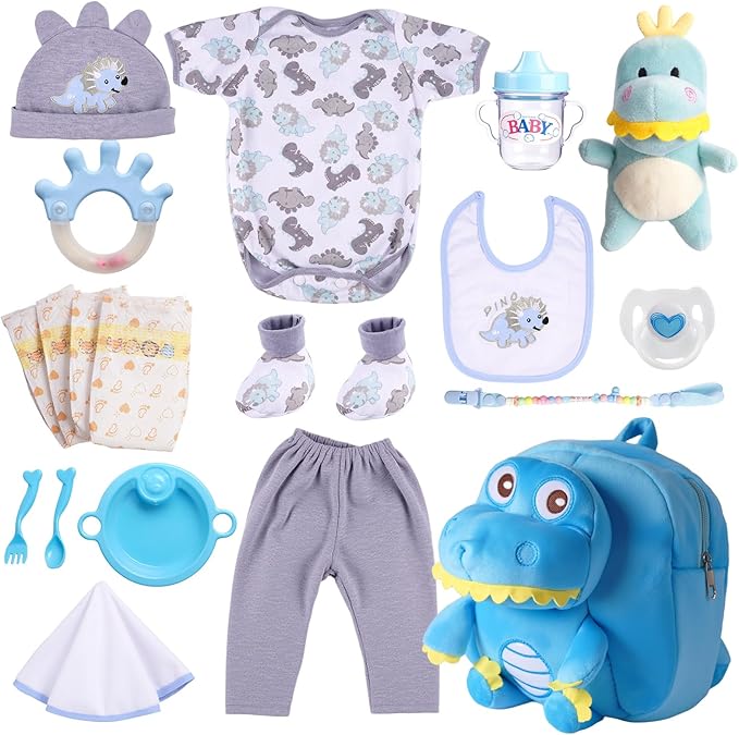 BABESIDE 18 Pcs Reborn Baby Doll Accessories for 17-22 Inch Dolls – Dinosaur Baby Doll Clothes Set with Diaper, Backpack, Feeding Set,Toy, Bottle, and Toys, for Boys & Girls