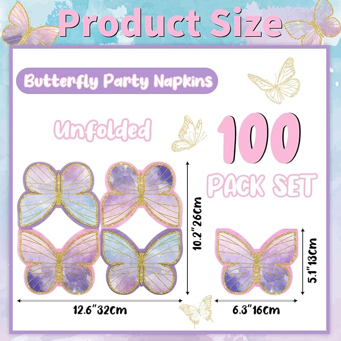 100Pcs Butterfly Napkins, 10.2 x 12.6 Inches, Fairy Napkin, Spring Flower Party Napkins, Fairy Table Decorations Floral Napkin for Weddings Floral Spring Butterfly Birthday Decorations