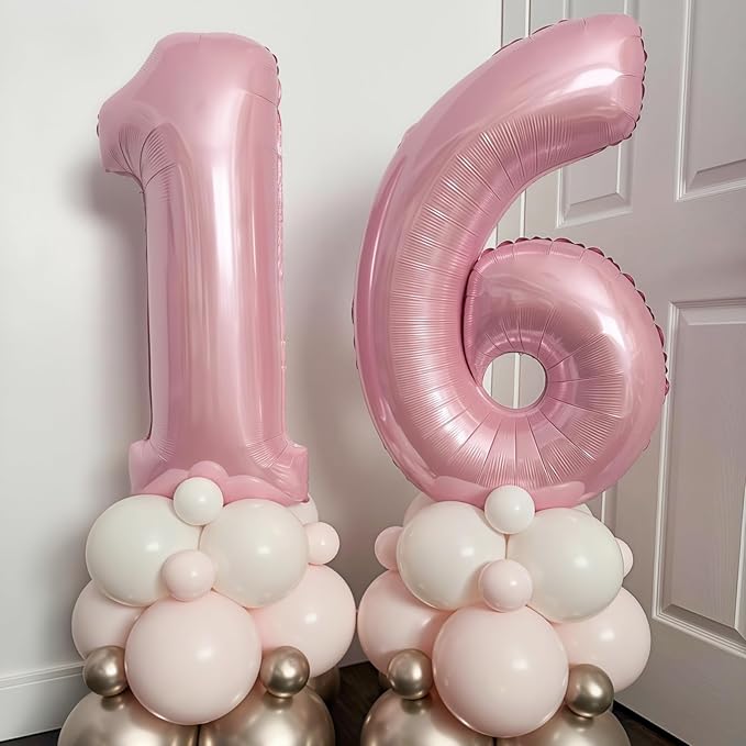 Pastel Pink 16th Birthday Balloons for Girls, 40 Inch Mylar Self Inflating 16 Balloon Number, Big Foil 1 & 6 Helium Number 16 Balloon for Women Birthday Party Decorations Anniversary Decor Supplies