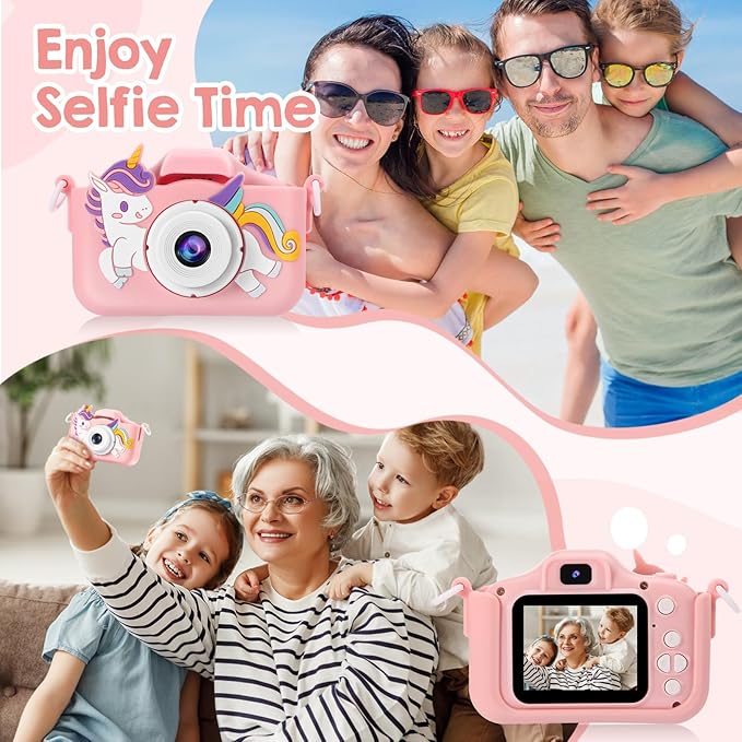 Kids Camera, Toys for Age 3-9 Year Old Toddler Digital Camera, Girls Christmas Birthday Gifts, Selfie Camera with Cartoon Soft Silicone Cover and 32GB Card (Sakura Pink)