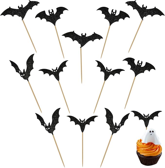 12 Pcs Halloween Cupcake Toppers, Halloween Bat Cake Decorations, Black Glitter Bat Cupcake Party Decorations, Cupcakes Picks Food Picks for Halloweens Theme Party, Bats Birthday, Baby Shower