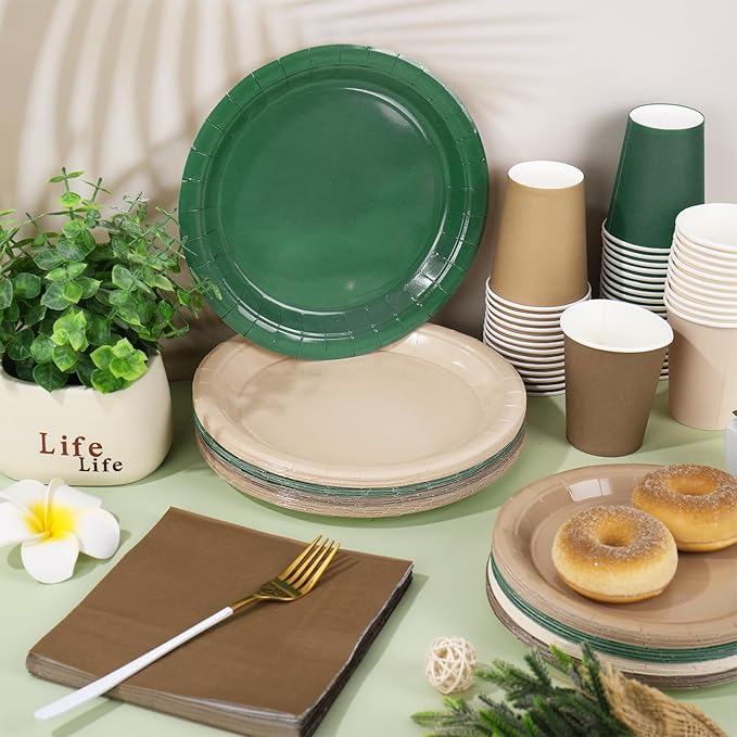 Whaline 244Pcs Woodland Tableware Set Serves 48 Sage Green Brown Disposable Dinnerware 48 9" Plates 48 7" Plate 48 9oz Cups 100 Napkins for Baby Shower Forest Party Supplies