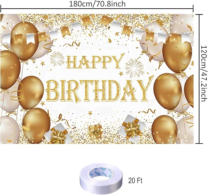 Gold Birthday Party Decoration - Happy Birthday Backdrop & Photo Background Banner Poster - 70.8 x 47.2 Inch