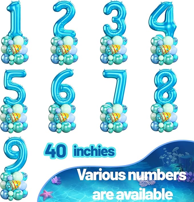 Blue Number 3 Balloon 40 Inch Ocean Under the Sea Number Three Foil Balloons Tower with Shark Bubble Fish for Boys Third 3rd Birthday Party Decor Green Underwater Digital Aluminum Balloons Stack