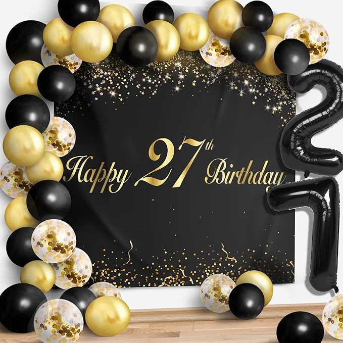 Happy 27th Birthday Balloons Black Set Decor - Cheers to 27 Years Old Party Theme Garland Banner Backdrop Decorations For Women and Men Supplies