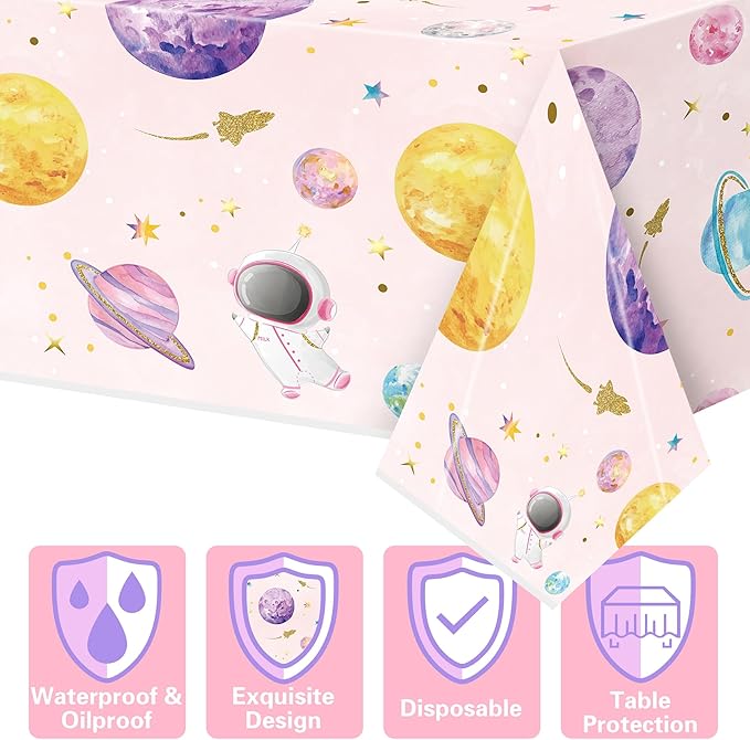 Pink Watercolor Table Cover - 3-Pack 54 X 108 Inch Pink Watercolor Outer Space Disposable Plastic Rectangle Print Table Cloth Baby Shower Kids Birthday Party Tablecloths Decoration Supplies