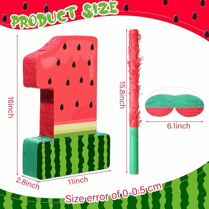 Watermelon Piñata Fruit Number 1 Red Watermelon 1st Birthday Piñata with Bat Stick Blindfold Mask Confetti for Summer Theme Summer Birthday Party Supplies (1)