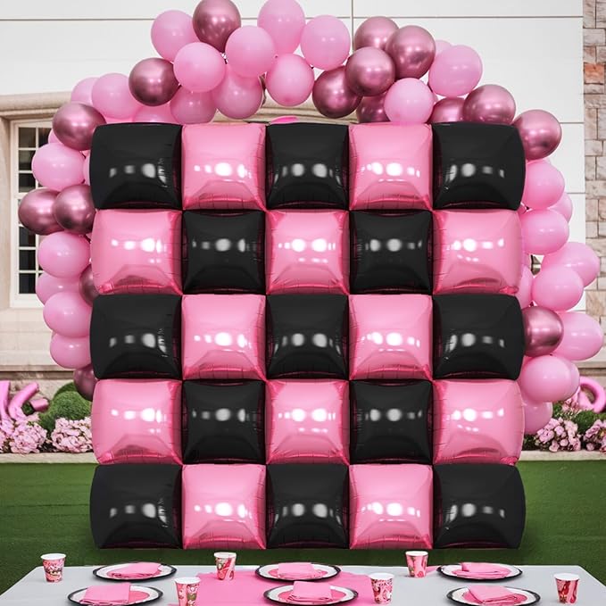 Pink Black Square Foil Balloon Wall,25Pcs Double Sided Foil Balloons Backdrop Helium Polyester Tunnel Arch Garland Kit for Birthday Bridal Anniversary Baby Shower Party Decorations