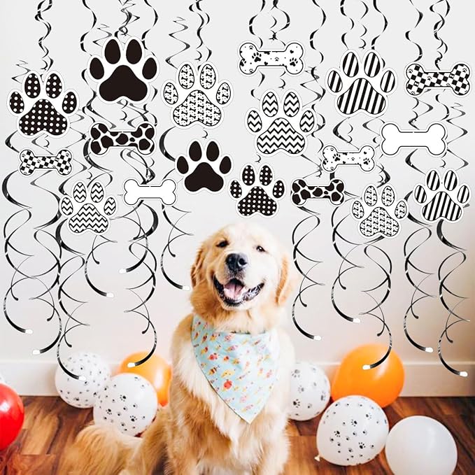 Dog BirthdayHanging Swirl Set Party Decorations, 48 Pcs, Dog Paw Bones Party Supplies Sign,White Black Grid