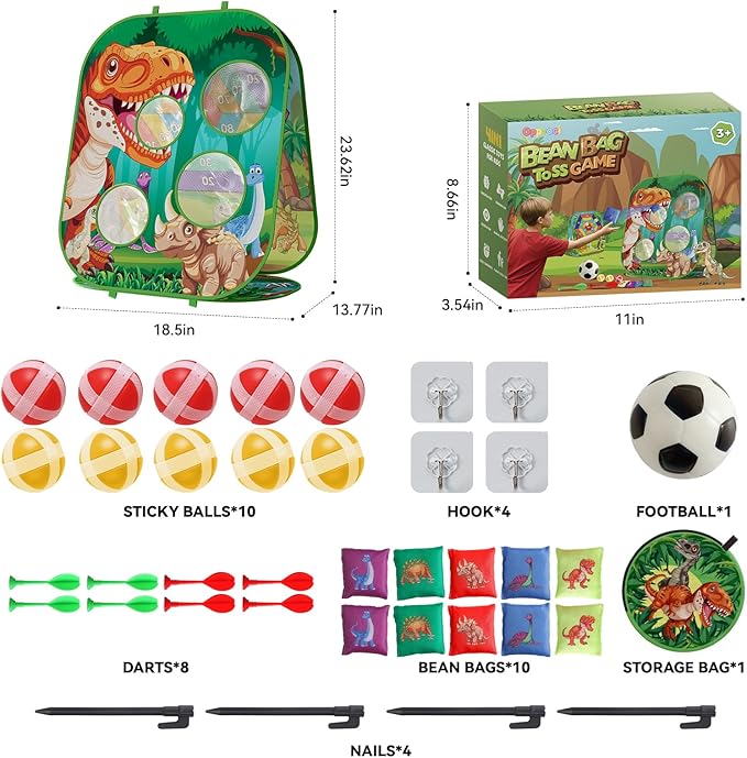 4-in-1 Dinosaur Bean Bag Toss Game for Kids, Cornhole Board Set with Dart Board for Toddler Outdoor Toys, Family Party Game Backyard Beach Lawn Activities Gift for Boys & Girls Ages 3 4 5 6 7 8