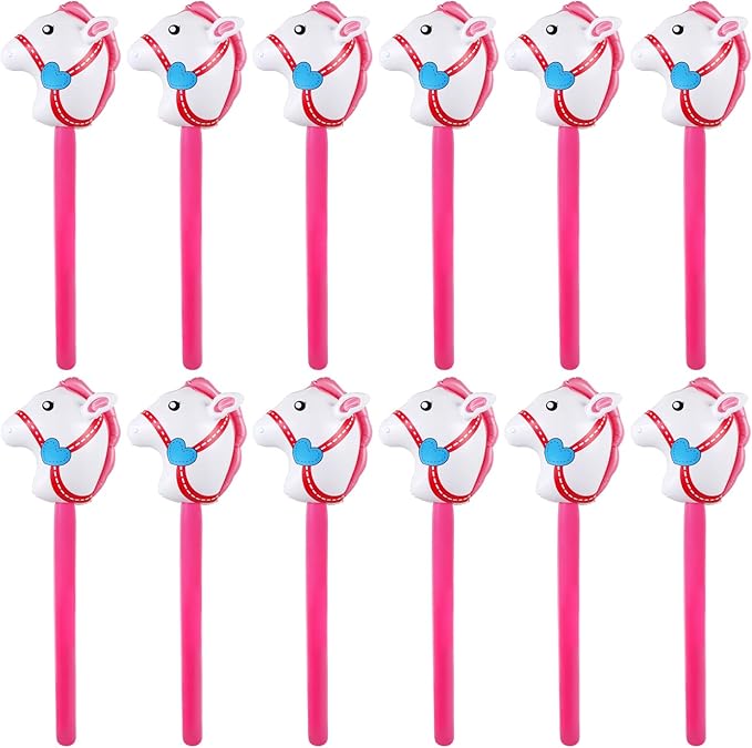 12PCS Inflatable Stick Horse,Blow Up Horse Head on Stick Pony Costume Western Cowboy Cowgirl Baby Shower Birthday Party Decorations Halloween Supplies Favors Props, 38 Inches (Pink)