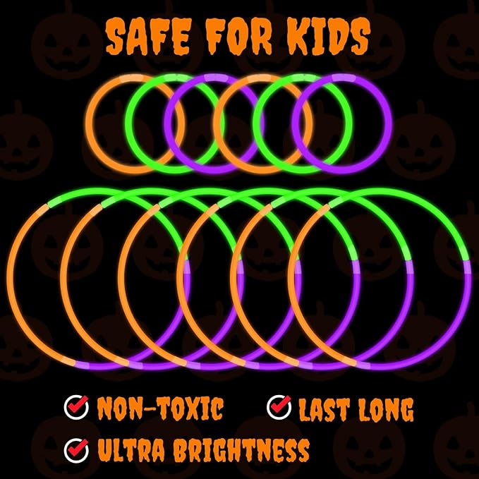 Bulk Treats Non Candy Party Favors 300 PCS, Green Orange Purple Glow Sticks Accessories for Kids & Adults, Basket Goodie Gift Bag Stuffers for Carnival Pinata, Holiday Classroom Prizes Birthday Favors