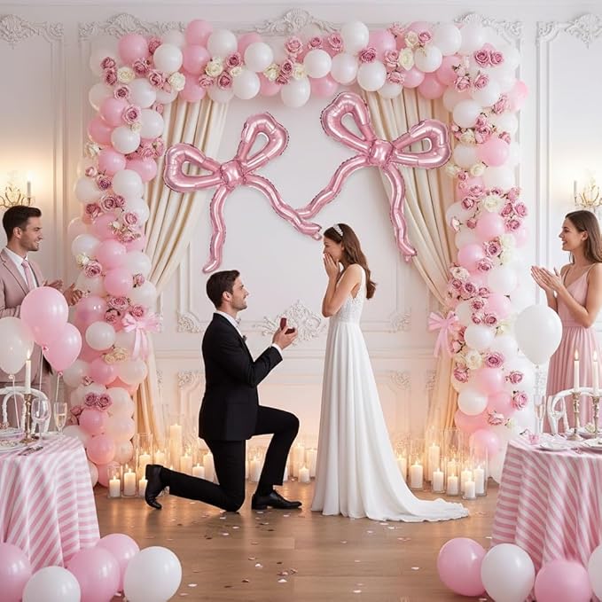5pcs Light Pink Bow Balloons Coquette Birthday Decorations, Giant Pearl Baby Pink Bow Foil Mylar Balloon for Girls Women Bow Themed Party Decor Baby Shower Bridal Wedding Bachelorette Party Supplies