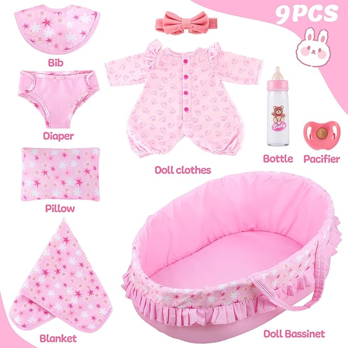 GAGAKU 18 Inch Doll Bassinet - Baby Doll Bed with Carry Handle & Pink Accessories Set for Girls & Kids, Reborn Baby Dolls Accessories