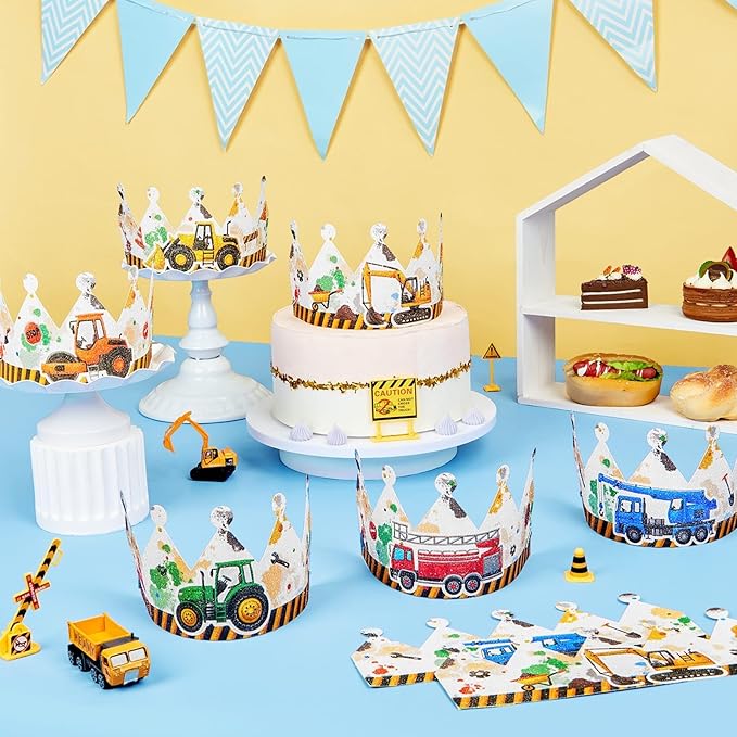 WERNNSAI Construction Party Hats - 12PCS Construction Birthday Party Supplies Crowns with Elastic Band Colorful Paper Party Hats for Truck Theme Family Birthday Party Favor