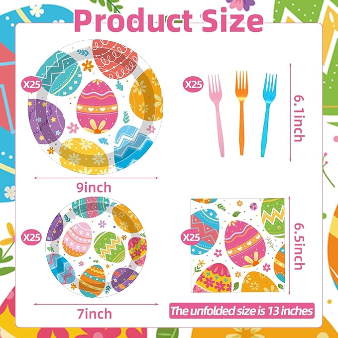 100 Pcs Easter Egg Tableware Party Supplies Set, Serves 25 – Disposable Colorful Eggs Paper Plates, Napkins, and Forks for Spring Celebration, Easter Day Egg Hunt, or Holiday Brunch Decorations