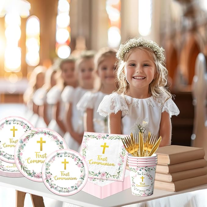 First Communion Decorations for Girls, First Communion Plates and Napkins Pink Primera Comunion Decoracion First Communion Party Supplies for First Holy Communion Baptism Party Decorations Serves 25