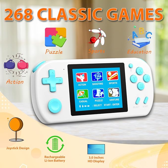 Handheld Games for Kids Adults with Built in 268 Classic Retro Video Games,3.0'' Color Screen Rechargeable Portable Arcade Gaming Player,Boys Girls Travel Electronics Toys Birthday Gift (C-White)