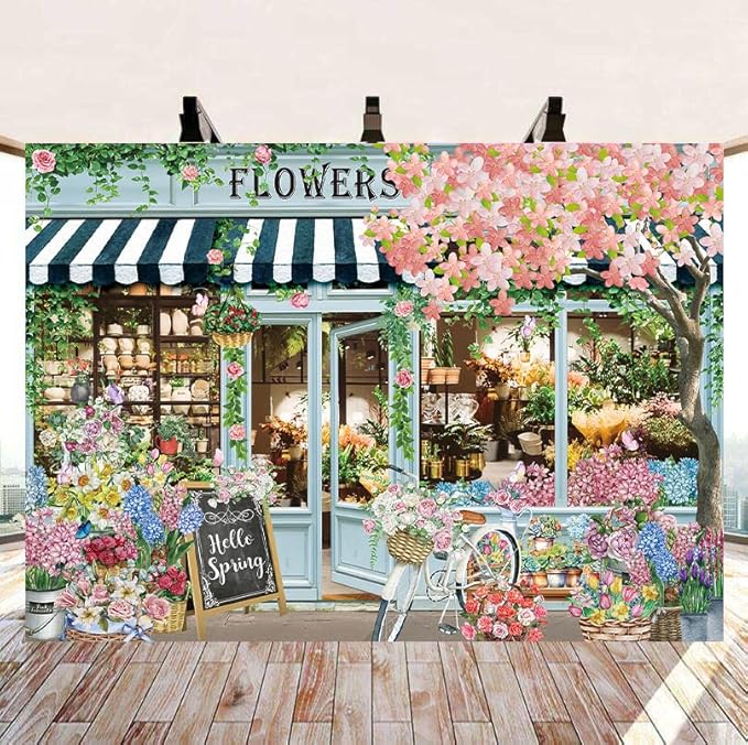 Flowers Shop Backdrop for Photography 7x5FT Spring Florals Butterfly Tea Party Background Hello Spring Banner Decorations Supplies Photo Props