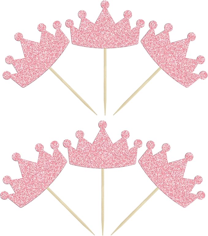 Ephlyn 24Pcs Crown Cupcake Toppers Glitter Queen Crown Cupcake Picks for Queen Princess Theme Baby Shower Girls Wedding Birthday Party Cake Decorations Supplies Pink
