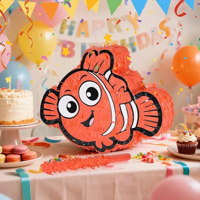 Nemo Pinatas Bundle with a Blindfold and a Bat(16.5 x 12.6 x 4 Inches), Perfect for kid's Birthday Parties, Mexican Theme Parties, Decorations