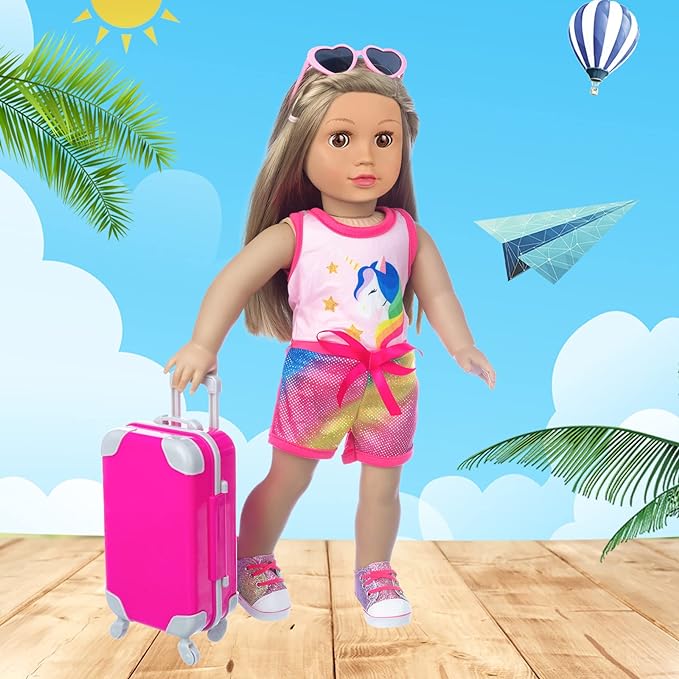 23 Pcs American 18 inch Doll Clothes and Accessories - Suitcase Luggage , Pillow, Sunglasses, Camera, Passport, Mobile Phone , Computer Doll Travel Gear Play Set (No Dolls)