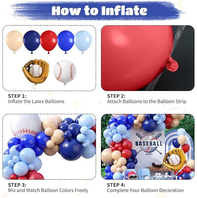 Baseball Theme Balloon Garland Arch Kit, Navy Blue Red Nude Light Dark Blue Balloon Arch with Baseball Glove Foil Balloons for Boys Baseball Themed Birthdays Party Baby Shower Decorations