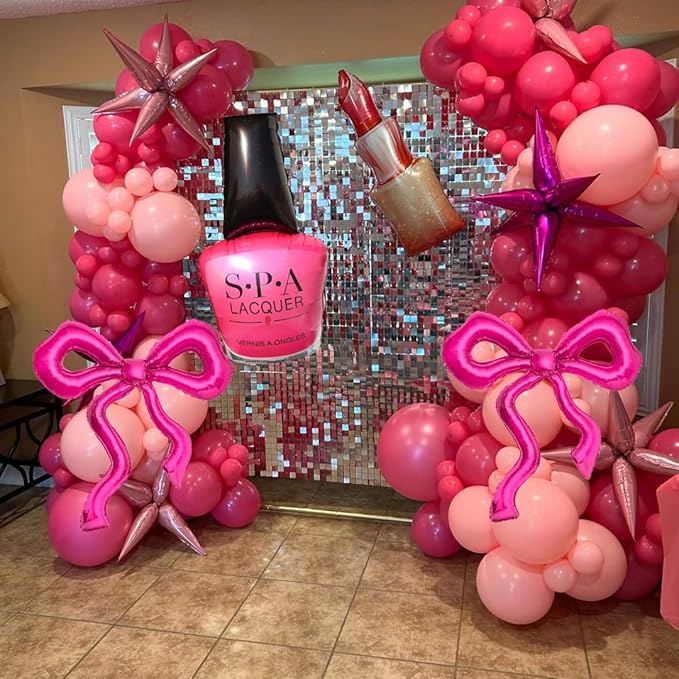 6Pcs Spa Party Decoration Balloons/Nail Polish/LipStick/Hot Pink Bow Foil Balloons/Makeup Party Supplies/Babi Decorion/Pink Girl Party Balloons