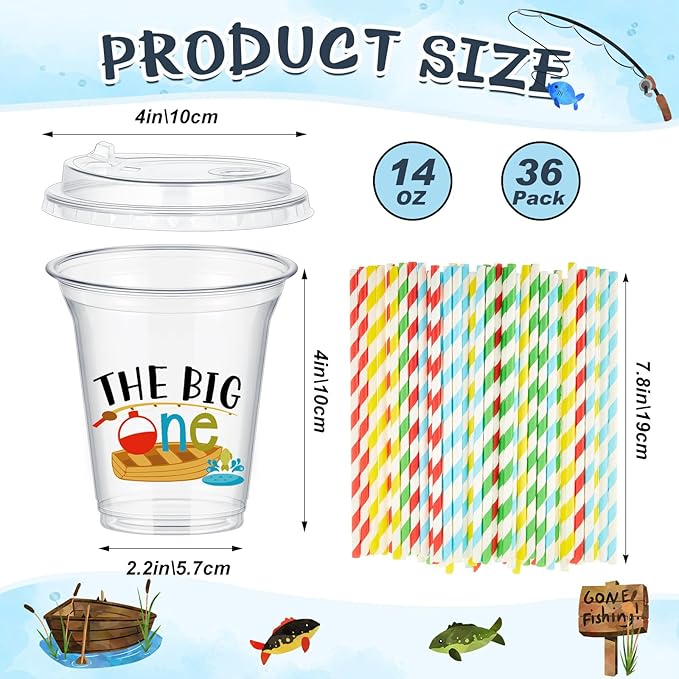 Boao 36 Sets Watercolor Gone Fishing Party Cups with Lids and Paper Straws 14 oz Disposable Clear Plastic Cups Bulk for Gone Fishing Birthday Party Favor Supplies Decorations