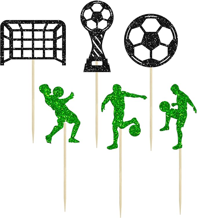 24Pcs Soccer Cupcake Toppers Glitter Soccer Ball Cupcake Picks Sport Cake Decorations Football Theme Birthday Party Baby Shower Kids Boys Men Birthday Party Favors Supplies Green