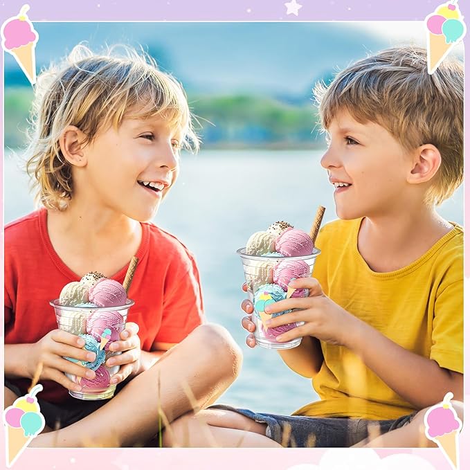 Uiifan 50 Pcs Ice Cream Party Supplies Sprinkle Ice Cream Cups Bulk Sweet One Birthday Party Decorations Disposable Clear Plastic Drinking Cups for Dessert Hot Cold Coffee Wedding Favor Baby Shower