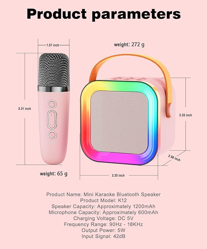 Mini Karaoke Machine Speaker for Kids Adults,Portable Bluetooth with 1-2 Wireless Microphones,Christmas Birthday Gifts Toys Girls Boys Ages 4, 5, 6,7, 8,9,10,11,12+ Years Old Toddler (Pink - 1 Mic)
