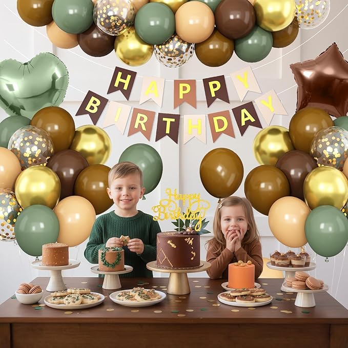 Sage Green Brown Birthday Decorations,Coffee Nude and Gold Jungle Safari Balloons Camo Army Woodland Forest Hunting Birthday Party Decorations Animal Theme Kids Birthdays Decor