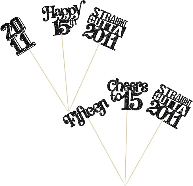 Gyufise 15Pcs Happy 15th Birthday Centerpiece Sticks Fifteen Straight Outta 2011 Table Flower Centerpieces Sticks for Cheers to 15th Birthday Party Supplies Black