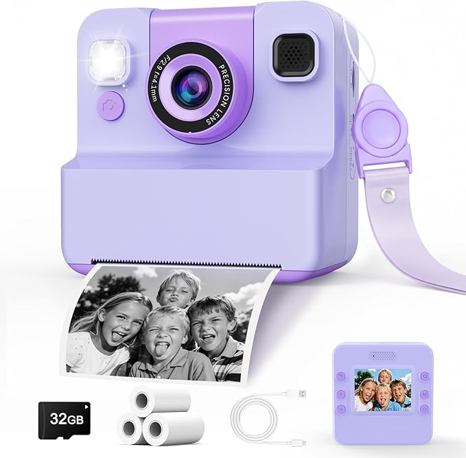 Kids Camera Instant Print Toys for Teenage Girls :Flip-Up Cameras Gift for Girls Ages 3-16 (for Christmas Or Birthday),1080P HD Digital Video Instant Print Cameras with 3 Rolls Paper & 32Gb-Purple