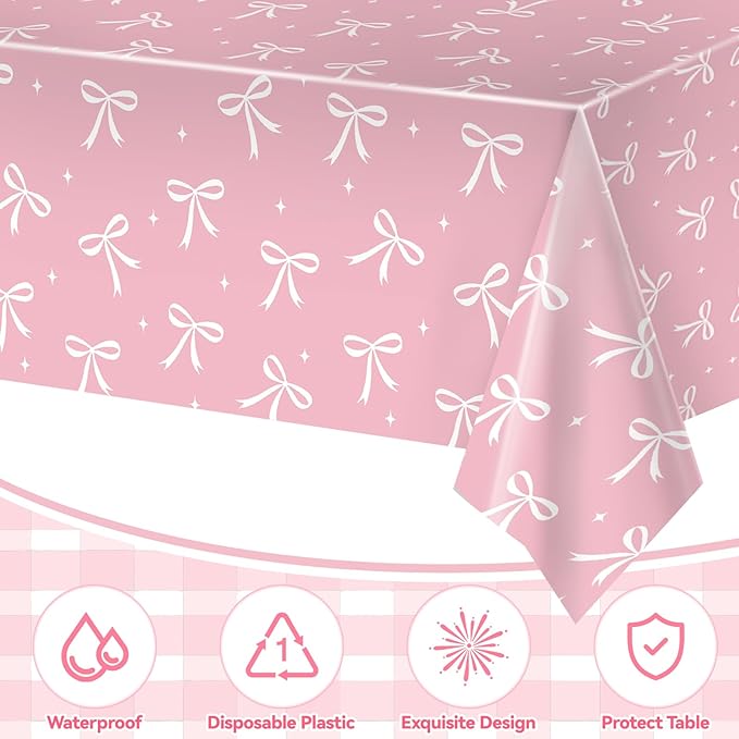 Bow Birthday Decorations, 2PCs Pink-bow Tablecloths Plastic Tablecloth Ideal Table Cover for Bow Themed Party Decorations Themed Parties Girls’ Parties Coquette Birthday Decoration, 54x108Inch