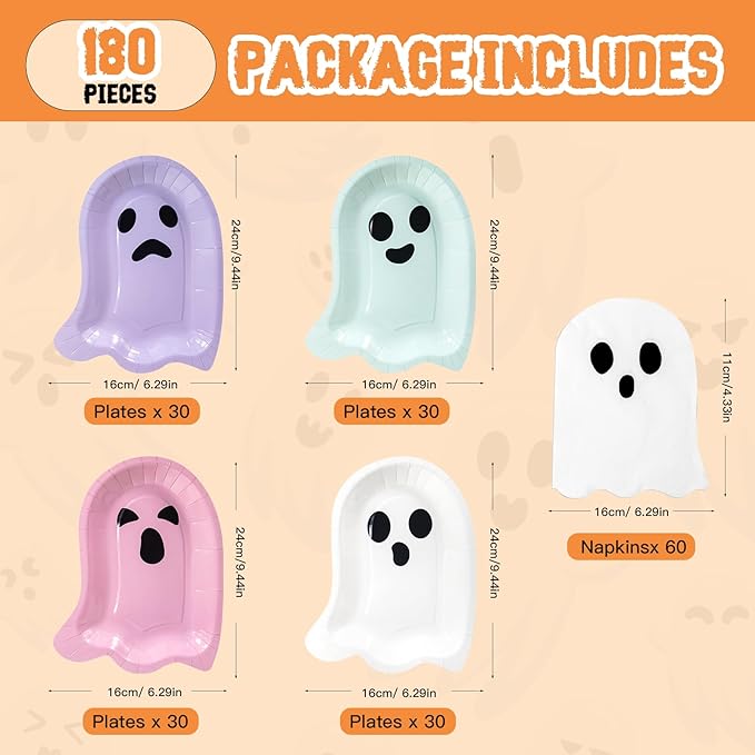 180Pcs Halloween Ghost Party Supplies Paper Plates and Napkins Serve 60 Disposable Tableware Set for Birthday Party Decorations Game Day Family Holiday Sports Events