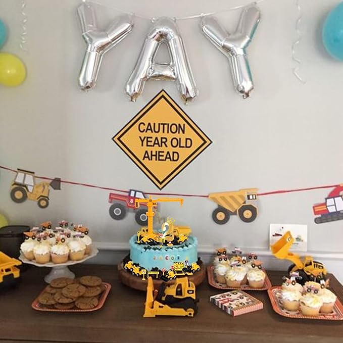 17 Pack Construction Vehicles Cake Toppers Set Road Sign Tower Digger Cupcake Toppers Acrylic Number 2 Cake Picks for Construction Theme Baby Shower Kids 2nd Birthday Party Cake Decorations Supplies