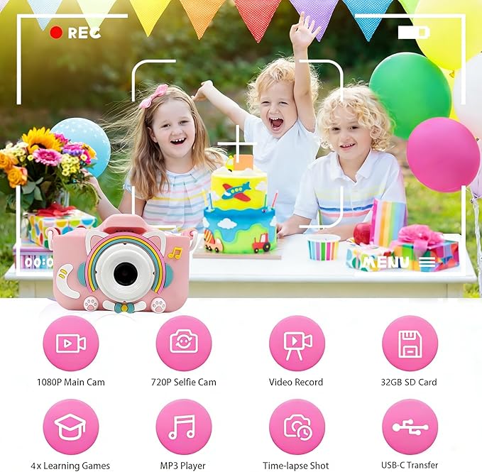 KOOMTOOM Digital Camera for Kids,HD 1080P Video Kids Camera Toddler Toys Gift for 3-12 Years Old,5 Games & Filters,32GB SD Card,Surprise Box Included (Pink)