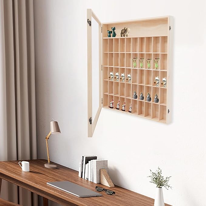 23x24 Wall Mount Wooden Display Shelves Rack for Action Figures - 50 Small Compartments, Acrylic Door, Pine Wood Shelf for Collectibles, Toys, Mini POPs - Dust-Proof Wall Storage & Home Decor