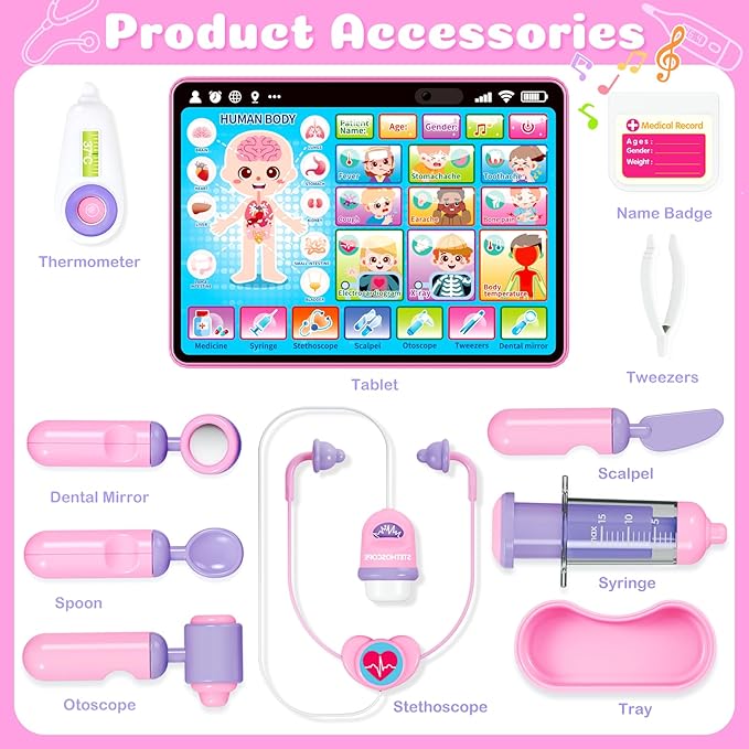 BainGesk Doctor Kit for Girls 3 Years Old, Doctor Tablet with Music & Sound, Pretend Play Doctor Set with Stethoscope, Doctor Dress Up Gifts for Kids Toddlers Ages 3-6 Years Old