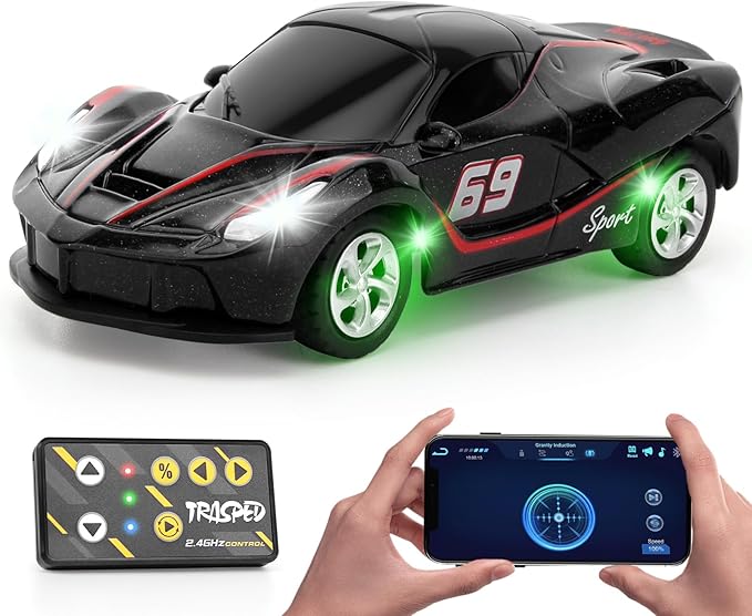 SASBSC 1/64 Mini Rc Car Toys for Boys Age 4-7 8-12, 2.4GHz Small App & Remote Control Cars with 3 Speed Modes for Kids Adults Rechargeable Desktop Toy Race Sports Car Gifts for Birthday (Black)