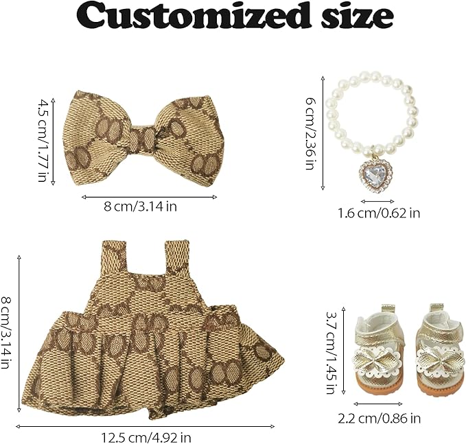 Clothes Compatible with LABUBU Doll - 4PCS Classic Set, 17cm Doll Clothes Designer Outfit for Elegant Vintage Theme, Stylish Luxury Accessories for Labubu, No Doll (Mocha Pearl Classic)