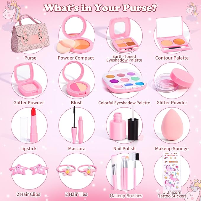 Toddlers Pretend Play Makeup Set for Kids 3-5, Fake Makeup for Girls with Toddler Purse, Make up Kit Toys for 3 4 5 6 7 Year Old Little Girls Birthday Gift